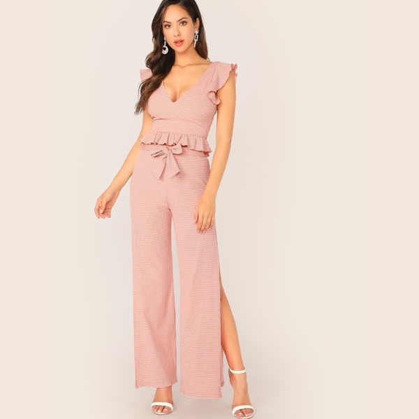 

Striped Ruffle Trim Top & Split Thigh Pants Set, Pink