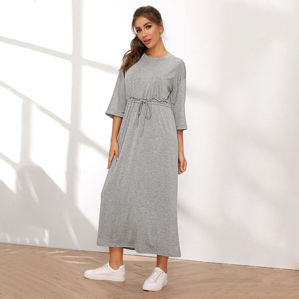 

Solid Grey Drawstring Waist Dress