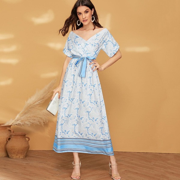 

Floral And Striped Print Belted Longline Dress, Blue