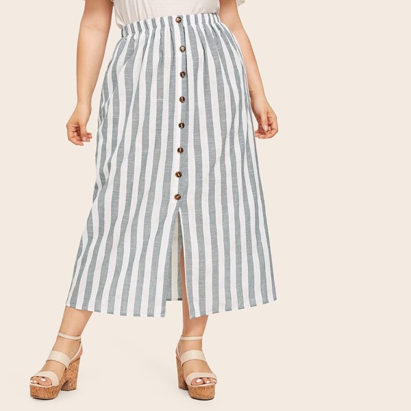 

Plus Striped Button Front Split Skirt