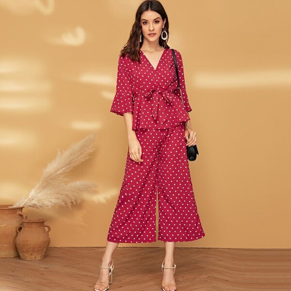 

Polka Dot Knot Front Peplum Blouse & Wide Leg Pants Set, Red