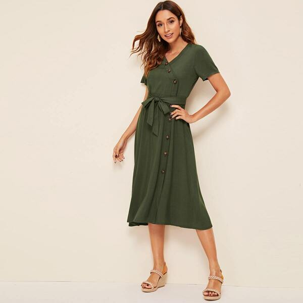 

Button Front Belted Shirt Dress, Army green
