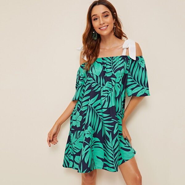 

Cold Shoulder Tropical Print Knot Dress
