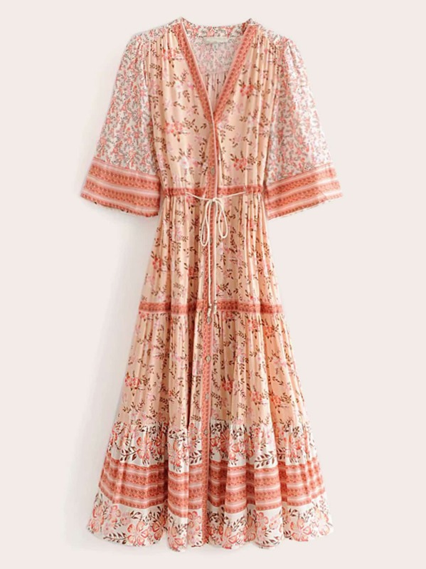 

Tribal Print Button Front Belted Dress, Orange
