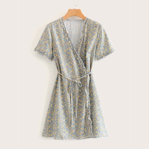 

Ditsy Floral Print Lettuce Frill Belted Wrap Dress