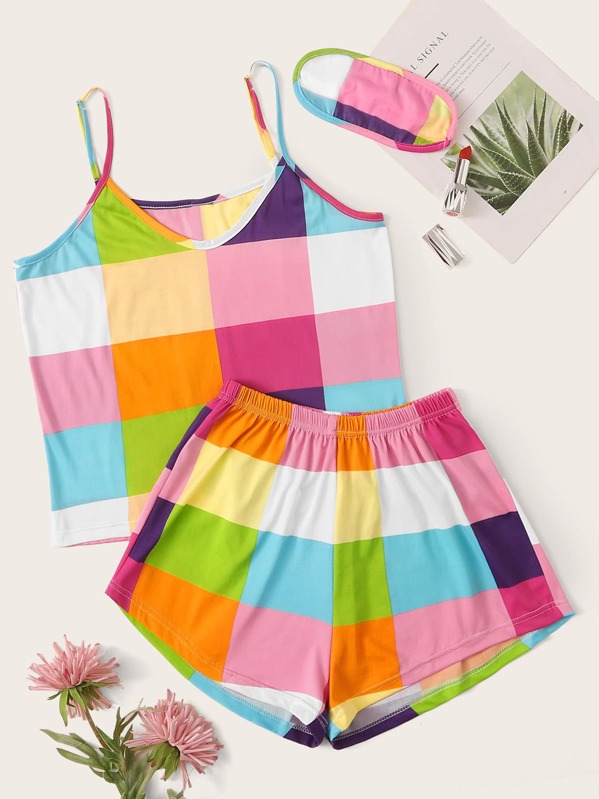 

Plaid Cami Pajama Set With Eye Mask, Multicolor