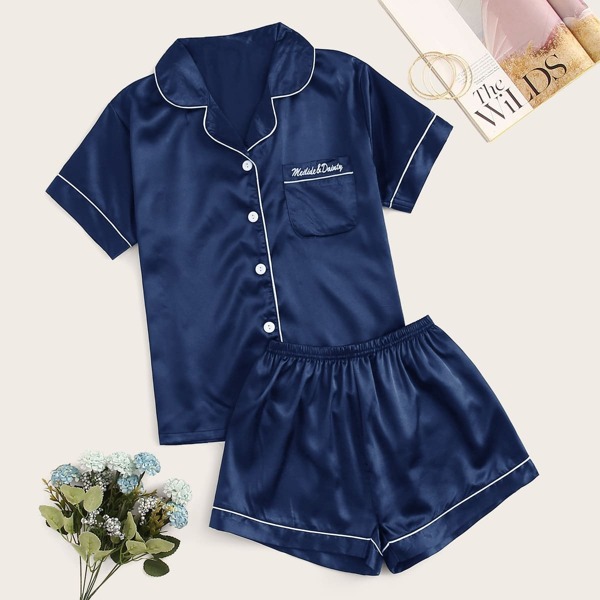 

Letter Embroidered Satin Pajama Set
