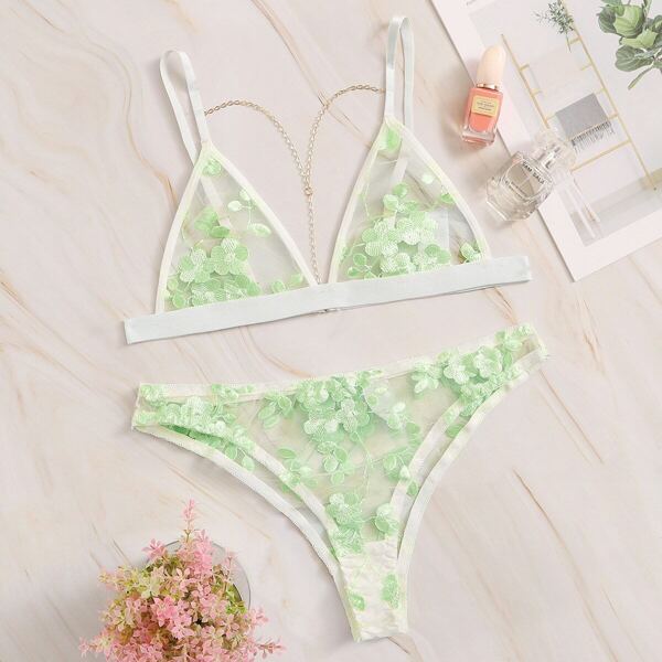 

Floral Embroidered Sheer Lingerie Set