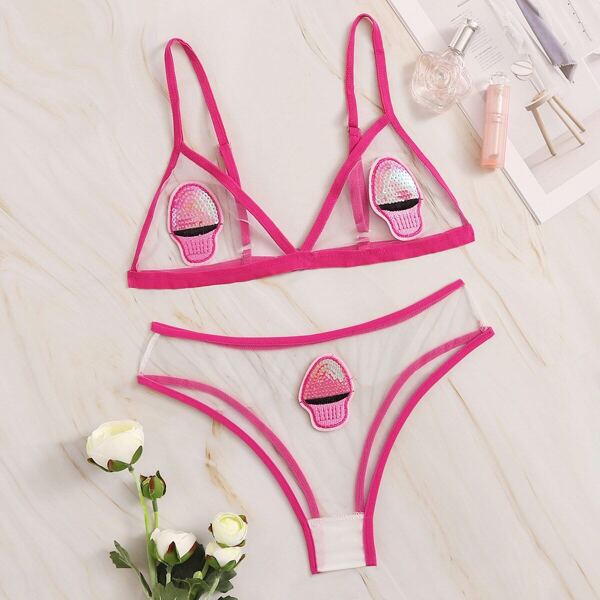 

Прозрачный комплект нижнего женского белья с вышивкой, Розовые