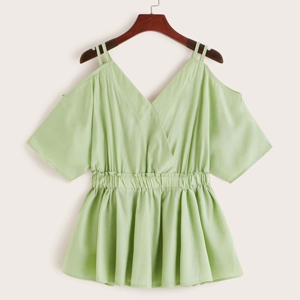 

Cold Shoulder Ruffle Hem Blouse, Green