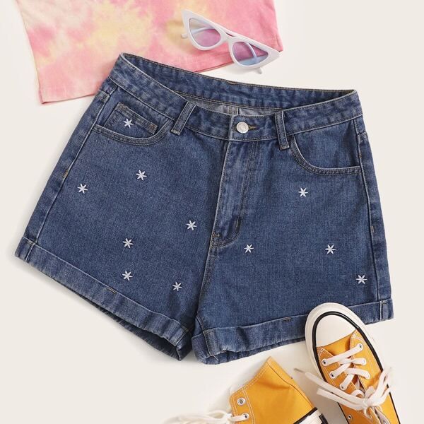 

Snow Embroidery Button Fly Denim Shorts