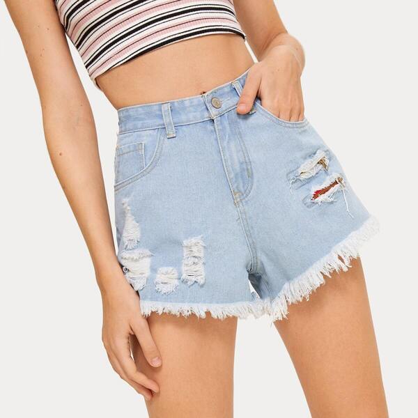 

Ripped Zipper Raw Hem Denim Shorts