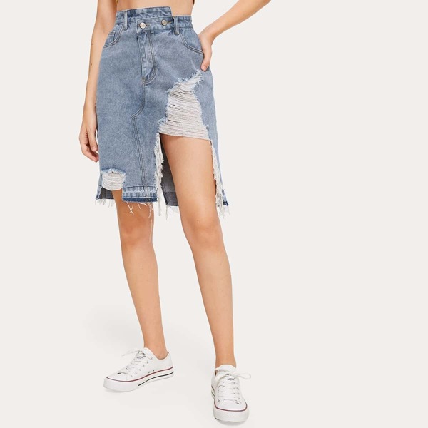 

Asymmetrical Raw Hem Denim Skirt