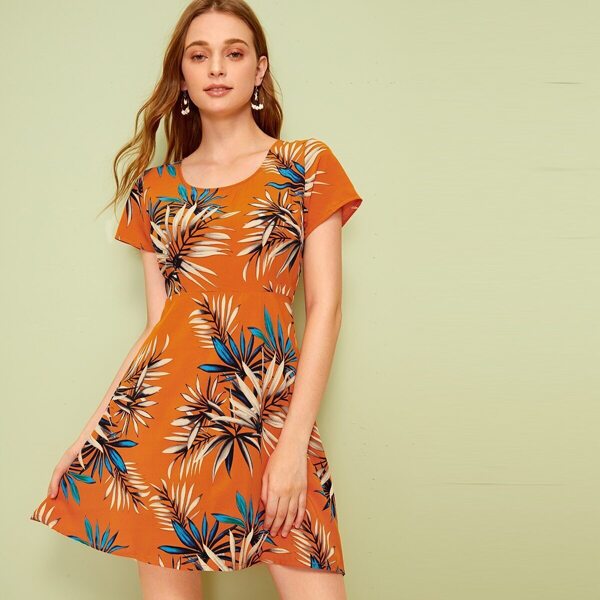 

Leaf Print Zipper Back Flowy Dress, Orange