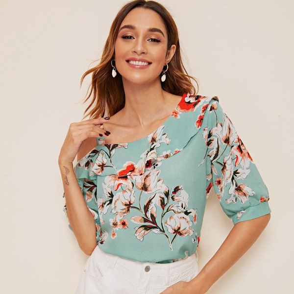 

Floral Print Ruffle Trim Asymmetrical Neck Blouse