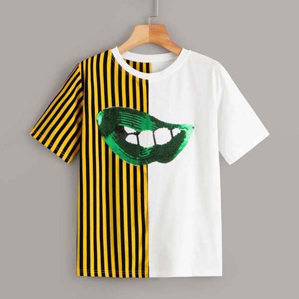 

Contrast Lip Sequin Striped Panel Tee