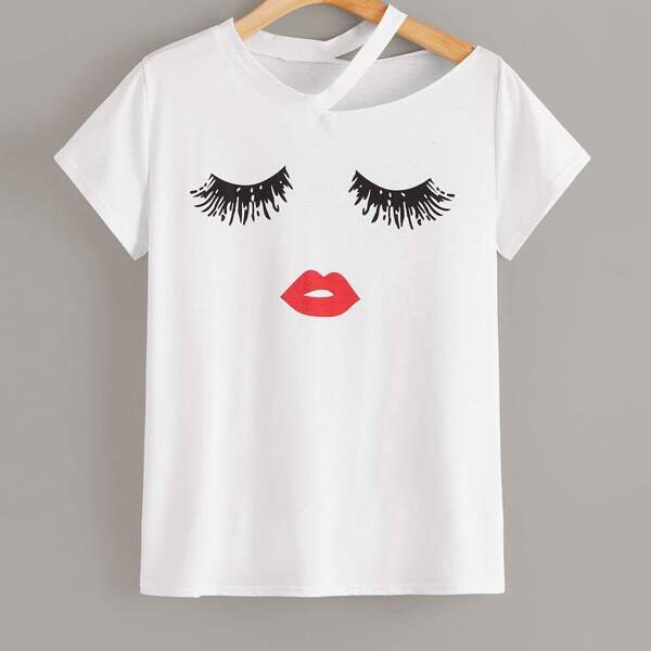 

Plus Eyelash & Lip Print Cut Out Neck Tee