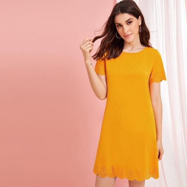 

Solid Scallop Trim Laser Cut Dress
