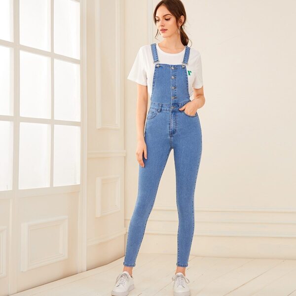 

Button Through Skinny Denim Overall, Blue pastel