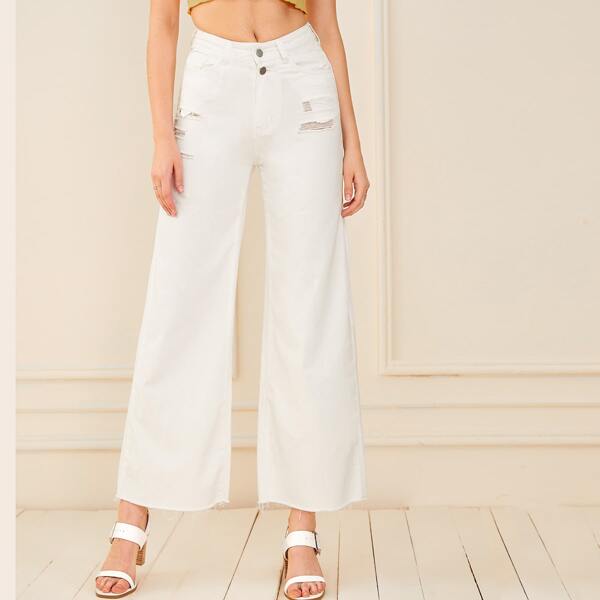 

Ripped Raw Hem Wide Leg Jeans