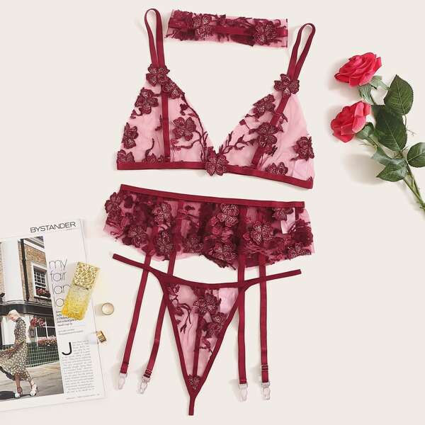 

Floral Lace Garter Lingerie Set With Choker, Burgundy