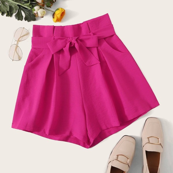 

Neon Pink Paperbag Waist Shorts, Pink bright