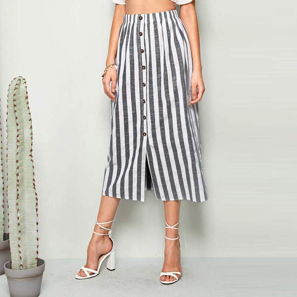 

Striped Button Front Straight Skirt, Grey
