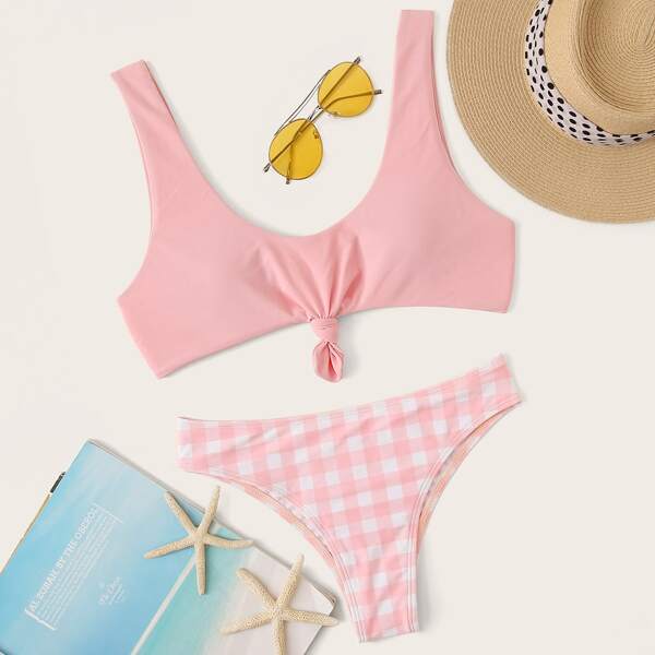 

Knot Front Top With Gingham Bikini Set, Pink