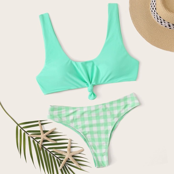 

Gingham Tie Front Bikini Set, Green