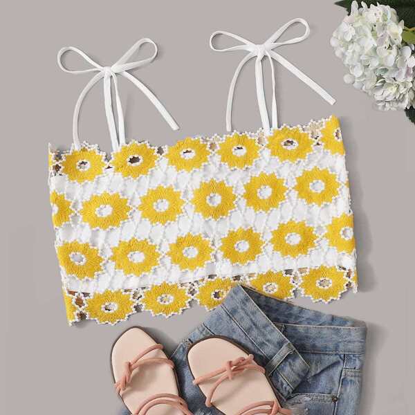 

Embroidered Lace Knotted Strap Crop Cami Top, Yellow