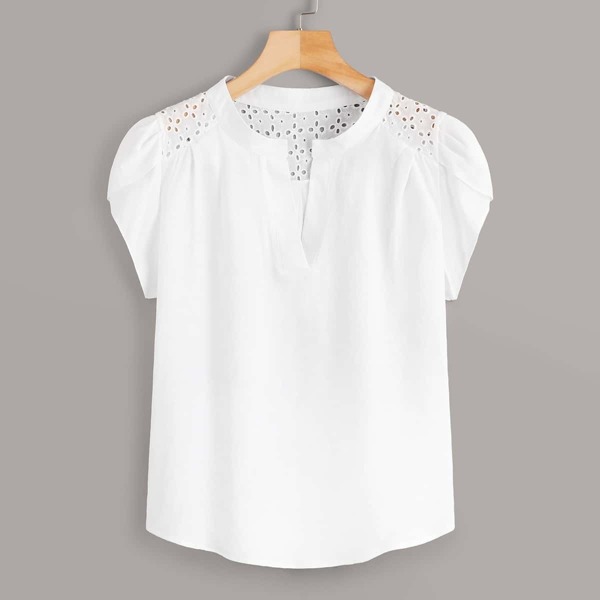 

Eyelet Embroidery Petal Sleeve Blouse, White