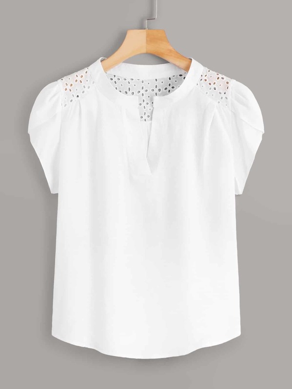 

Eyelet Embroidery Petal Sleeve Blouse, White