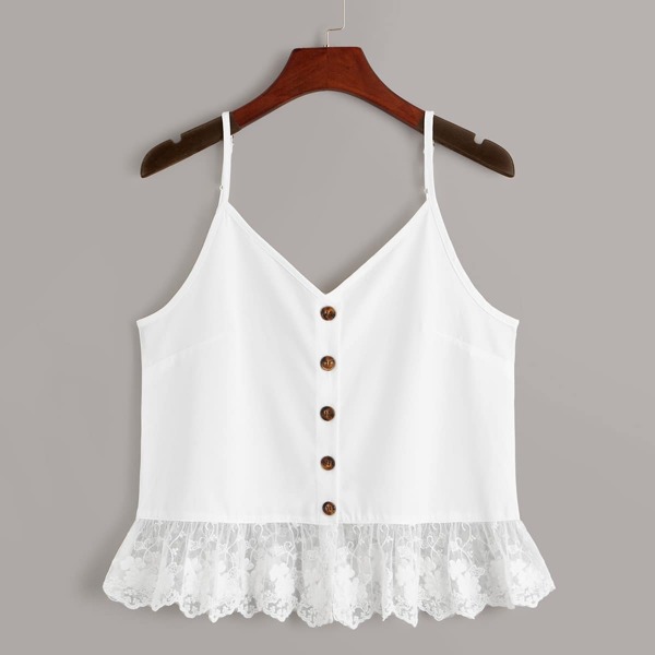 

Button Front Contrast Lace Ruffle Hem Cami Top