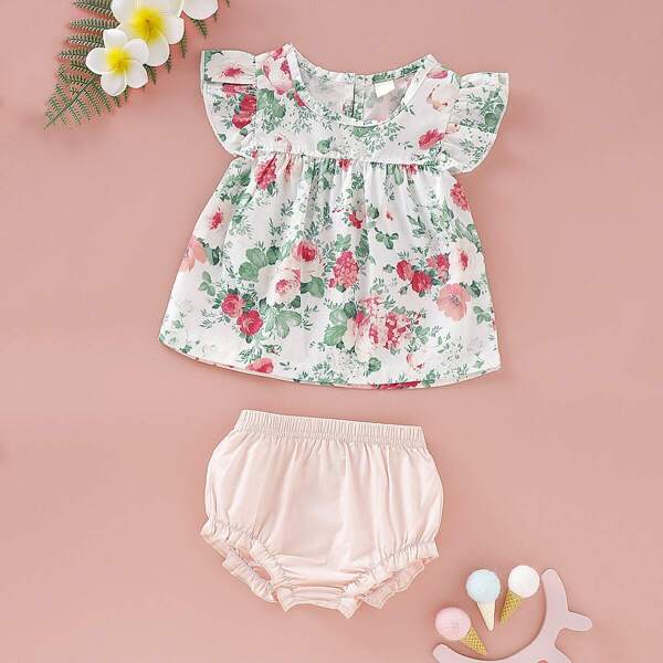 

Baby Girl Floral Print Ruffle Sleeve Blouse & Shorts
