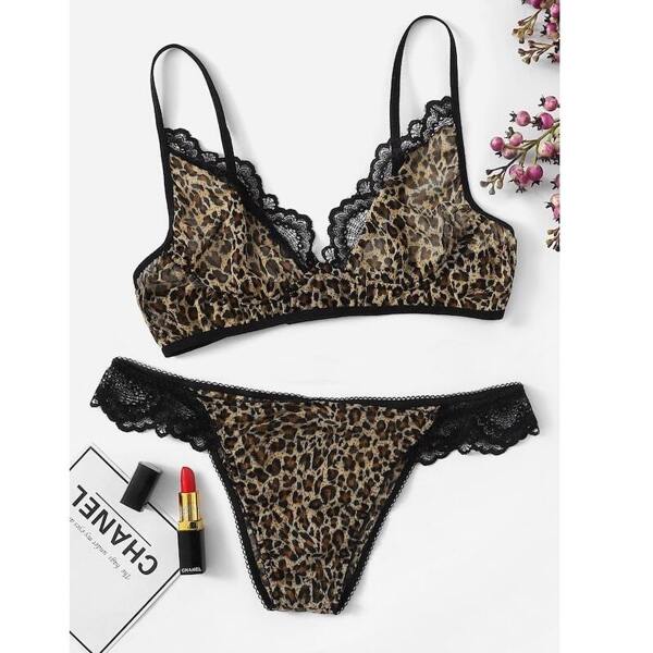

Plus Leopard Lace Trim Lingerie Set