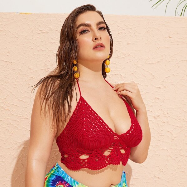 

Plus Crochet Scallop Trim Bikini Top, Red bright