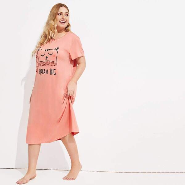

Plus Cartoon Print Night Dress, Pink