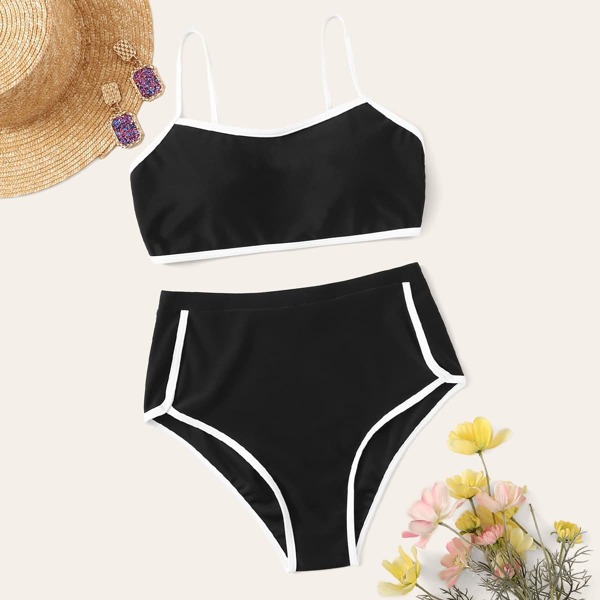 

Contrast Binding Top With High Waist Bikini Set, Black