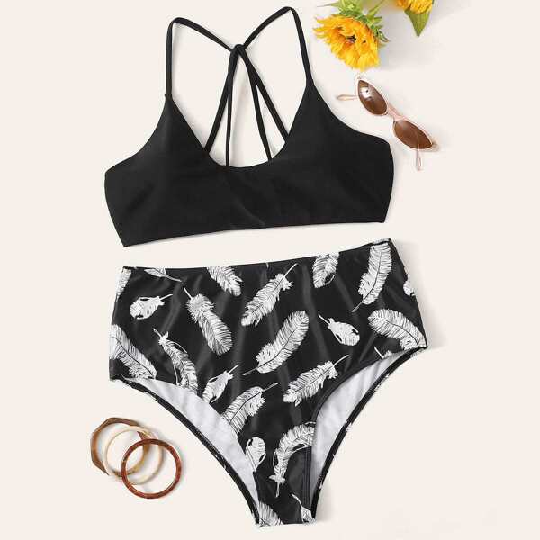 

Plus Criss Cross Top With Feather Print Bikini Set, Black