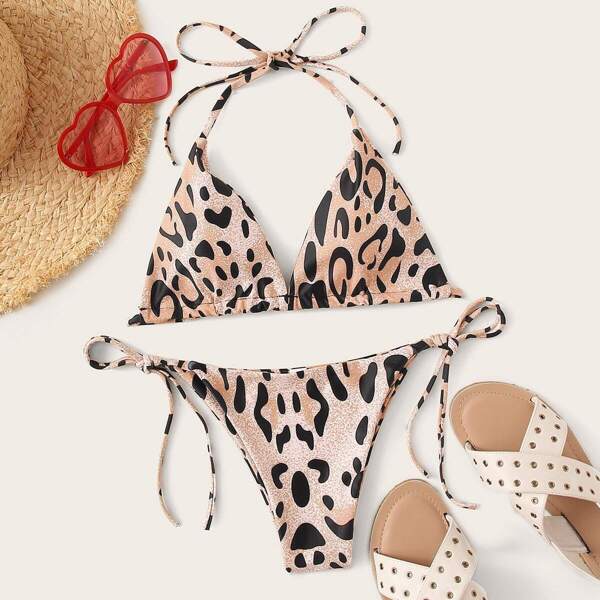 

Leopard Halter Top With Tie Side Bikini Set
