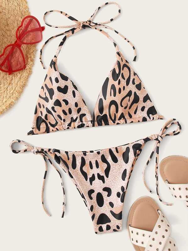 

Leopard Halter Top With Tie Side Bikini Set, Multicolor