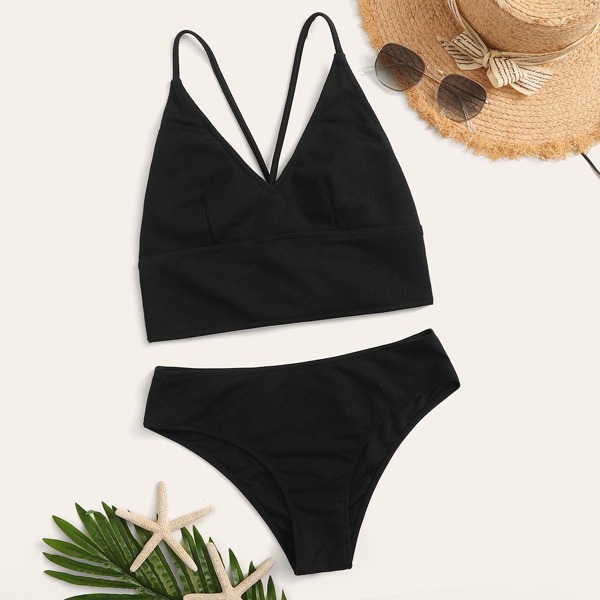 

Rib-knit Criss Cross Bikini Set, Black