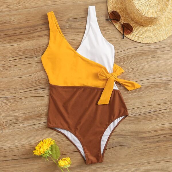 

Color Block Tie Side One Piece Swimwear, Multicolor