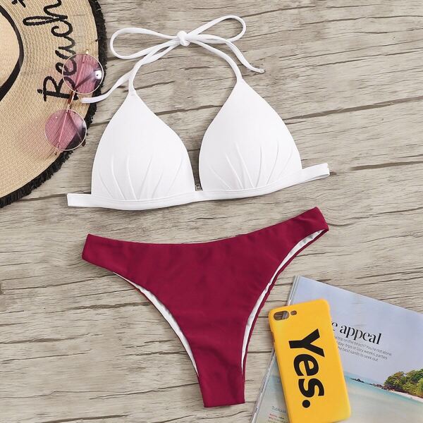 

Halter Triangle Top With Cheeky Bikini Set, Multicolor