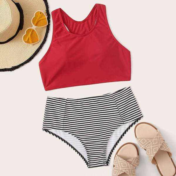 

Racerback Top With Striped High Waist Bikini Set