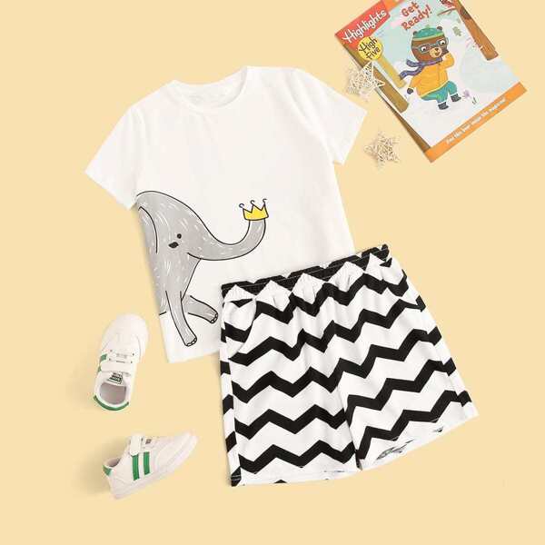 

Boys Cartoon Print Top and Chevron Shorts PJ Set, Black and white