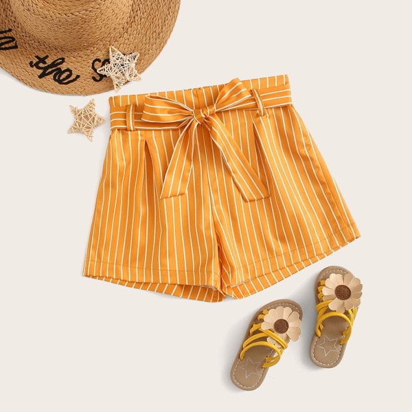 

Girls Elastic Waist Self Belt Striped Shorts