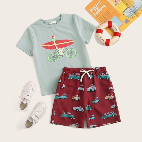 

Boys Cartoon Print Top and Drawstring Waist Shorts Set, Multicolor