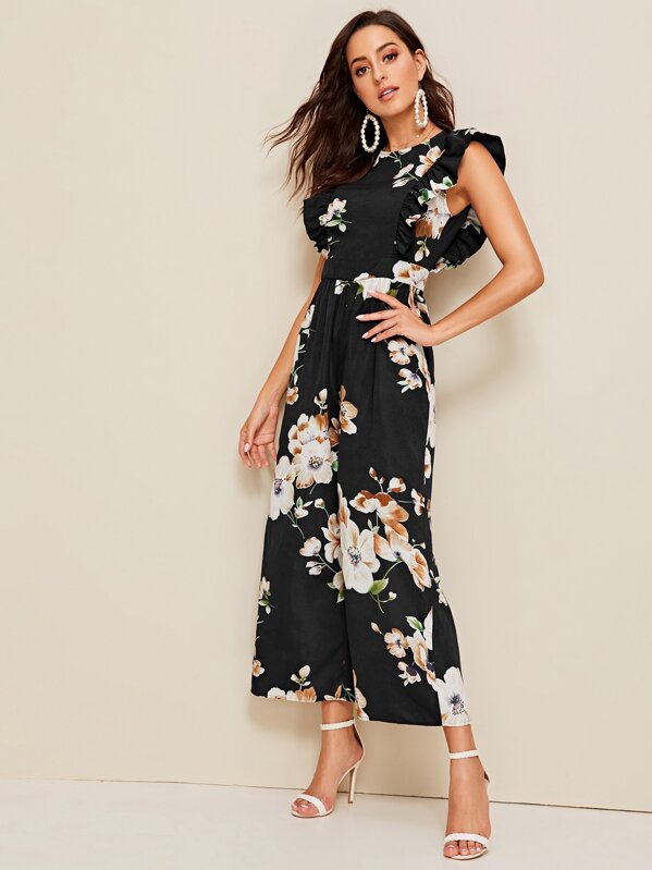 

Ruffle Trim Floral Print Wide Leg Jumpsuit, Black, Mary P.