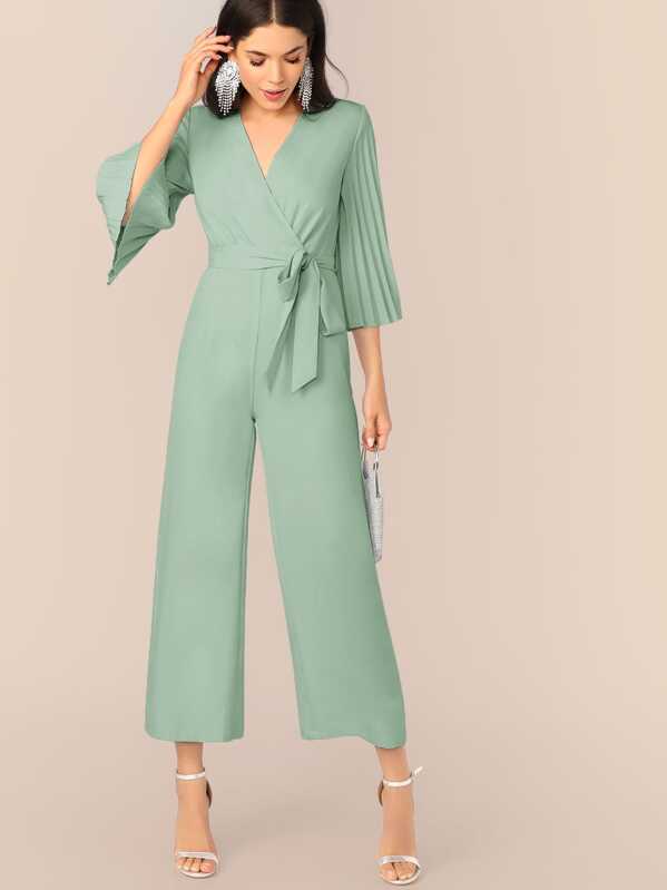 

Pleated Bell Sleeve Wrap Self Belted Jumpsuit, Green, Aarika Wolf